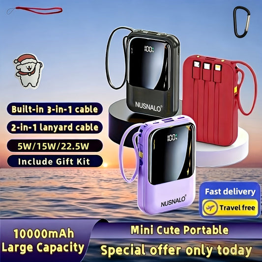 10000mAh Mini Power Bank with Built-in 4 Cables – 22.5W Super Fast Charging, LED Display, Cute Portable Charger for iPhone, Android, Samsung & Travel, Ultra-Compact Battery Pack with LED Light