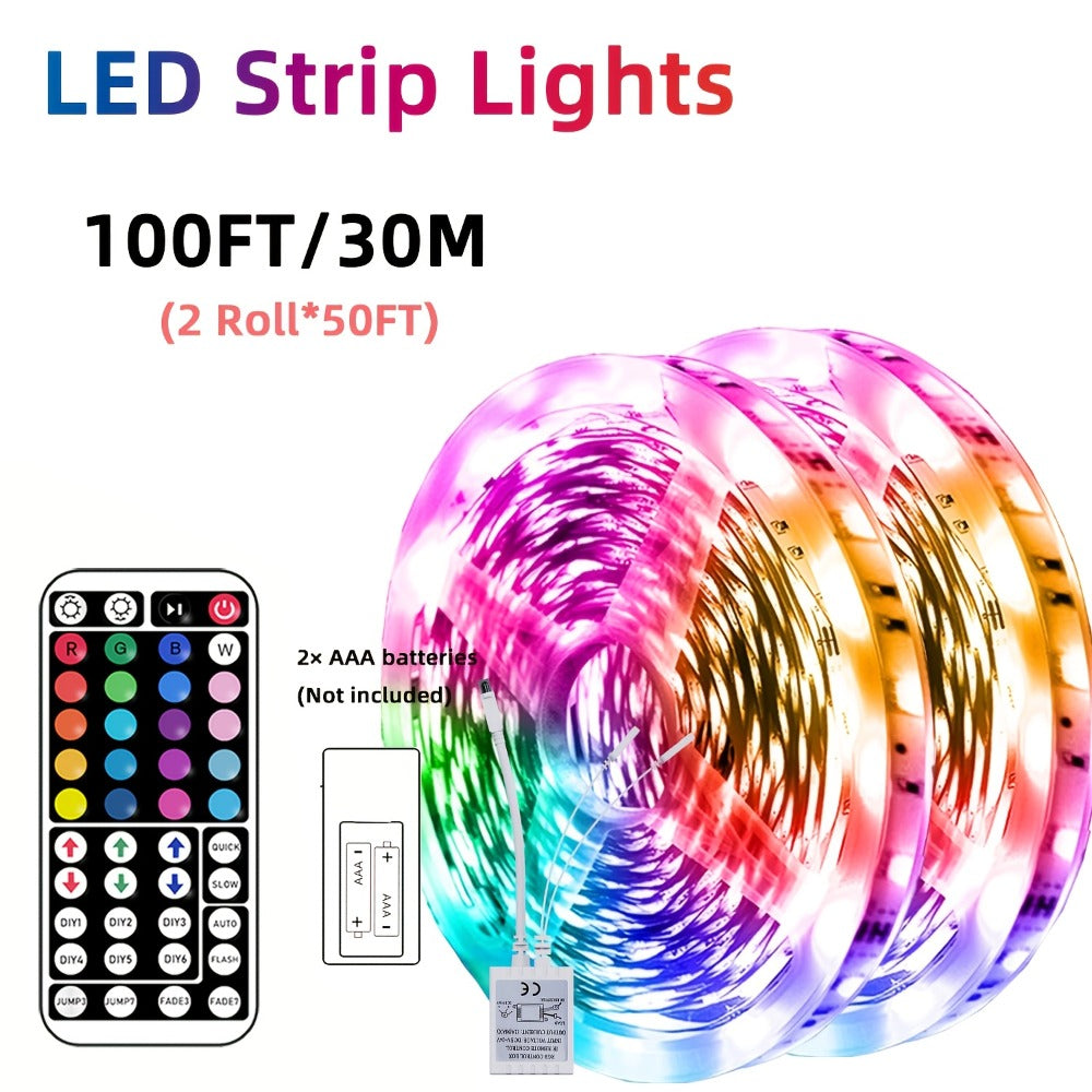 RGB LED Strip Lights 50ft/100ft – Color Changing Tape Light with 44-Key Remote, 20 Colors & 8 Modes, Easy Install, for Bedroom, Living Room, Kitchen, Bar, Wedding & Party Decoration