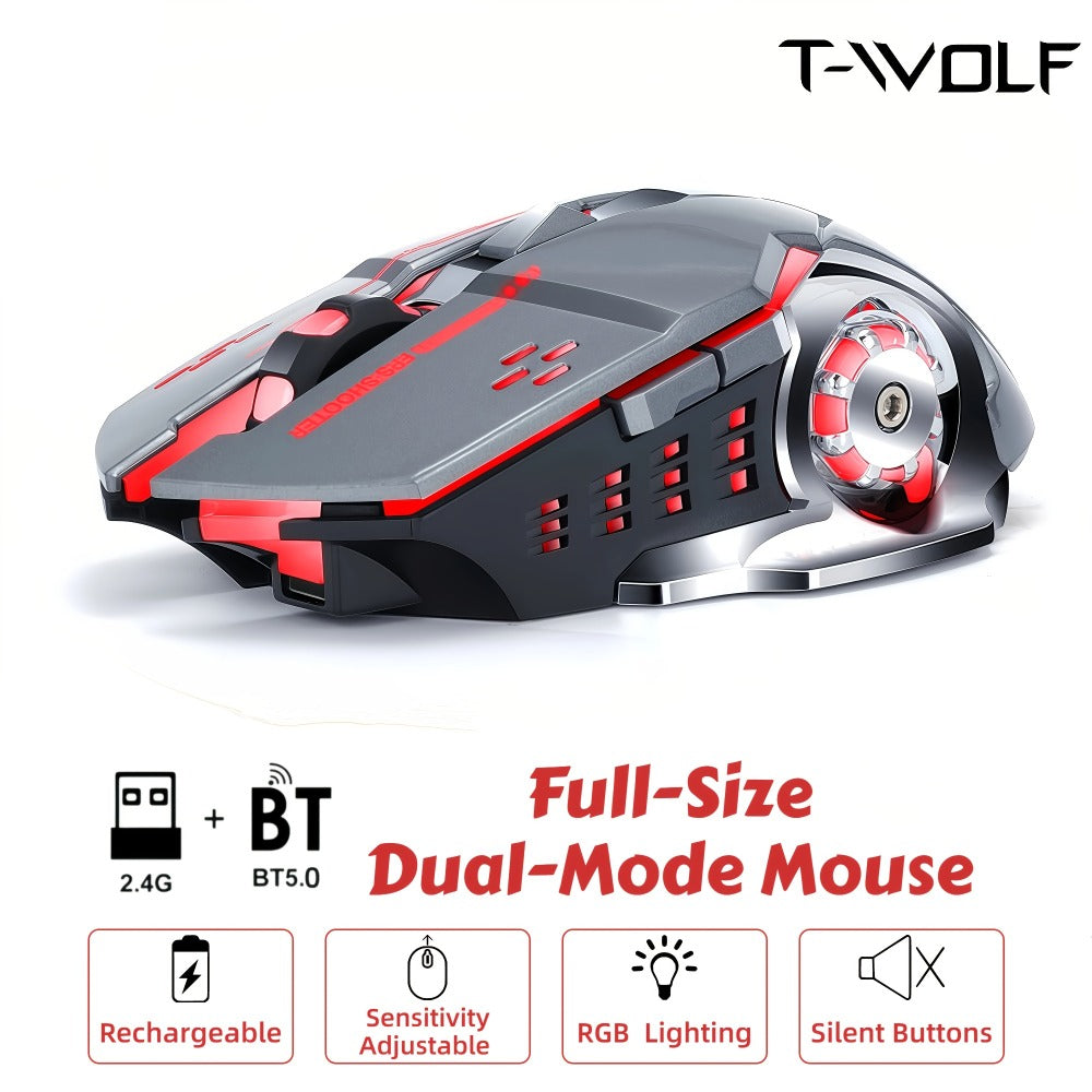 Bluetooth 5.0 2.4G Dual Mode Wireless RGB Gaming Mouse Silent 6 Button Ergonomic USB-C Rechargeable Breathing Light for PC Laptop Mac Tablet Office Gaming Tech Black Star Black White Gray