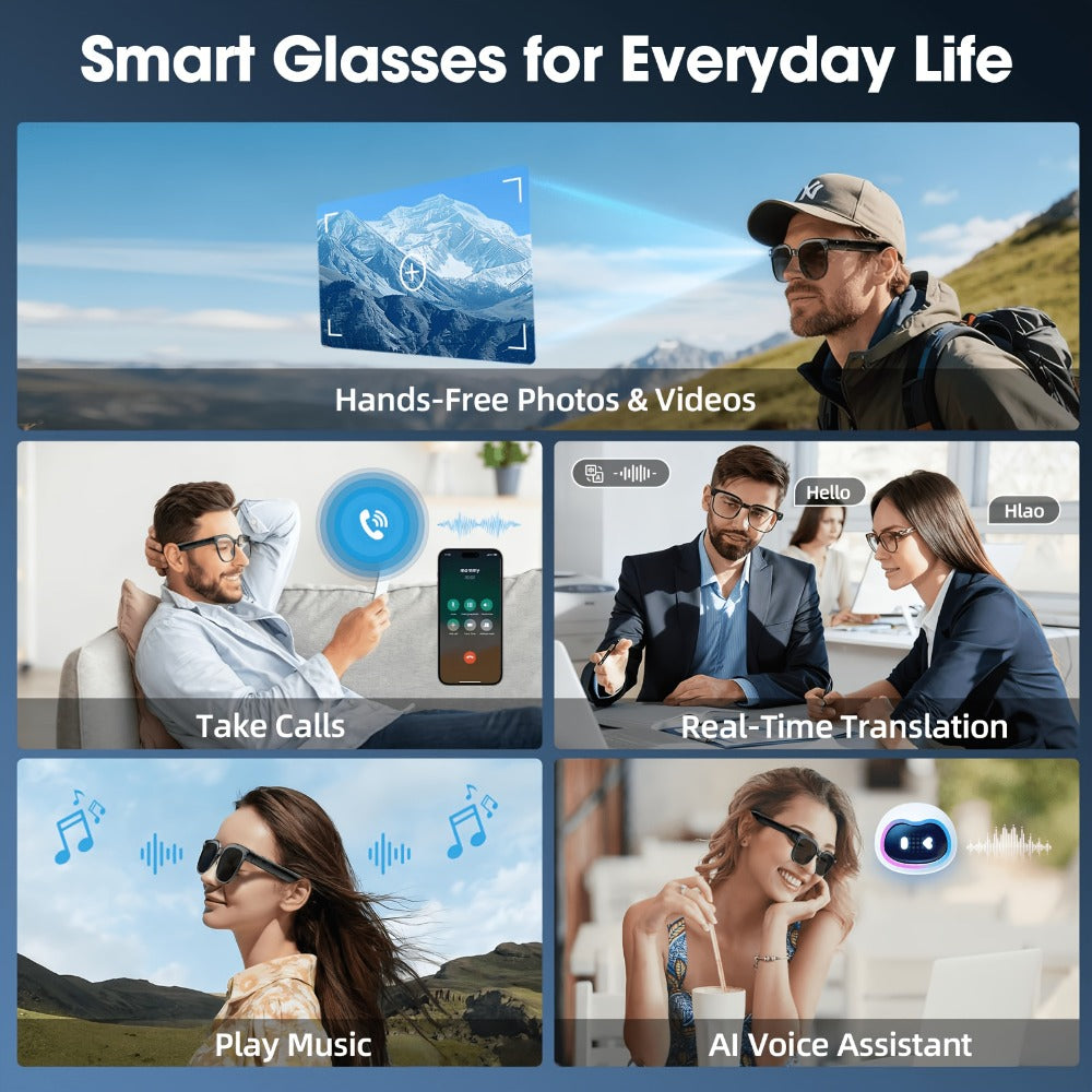 AI Translation Glasses with Camera 8MP HD Video & Photochromic Lenses – Voice Assistant | Object Recognition | Hands-Free Music & Calls | Wireless Smart Eyewear for Travel Business Daily Use | Tech Gift