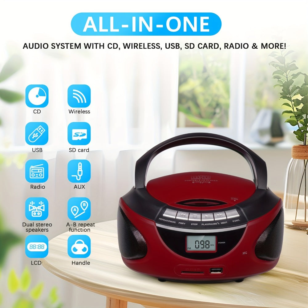 Portable CD Player Boombox with AM FM Radio Dual Stereo Speakers, Aux Input USB TF Card MP3 Player, Earphone Jack, A-B Repeat, Plug & Play 120V, Multi-Function Home & Outdoor CD Boombox