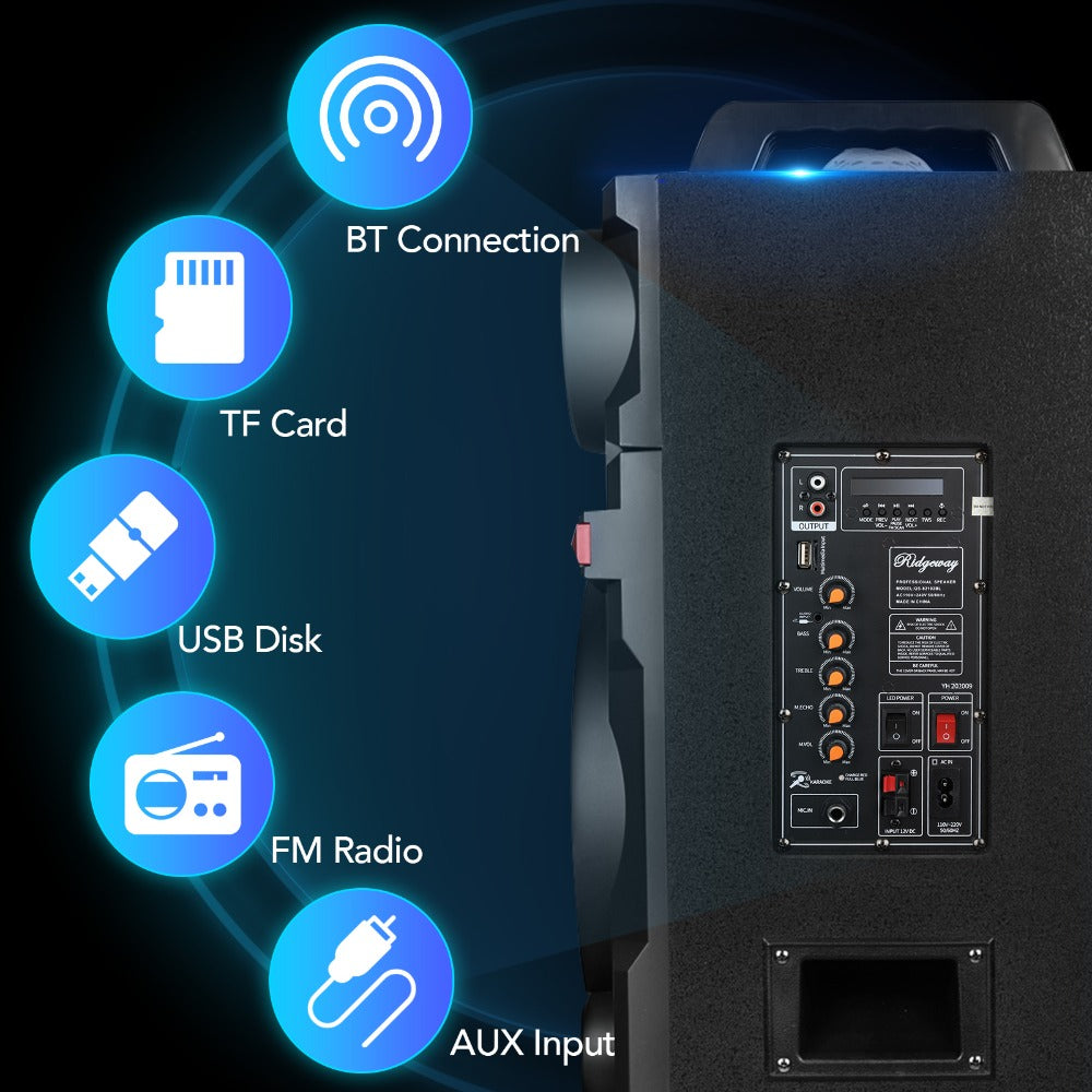 Karaoke Party Bluetooth Speaker with Sound Reactive Lights, 1000W Peak DJ Subwoofer Stereo Boombox, USB SD AUX FM Radio, Telescopic Rod Remote Control for Outdoor Indoor Party