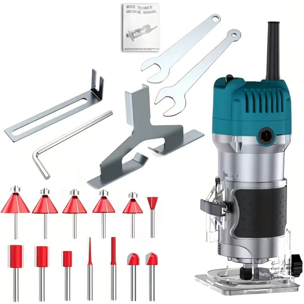 Wood Router Carving Machine Electric Trimmer – Wood Slotting, Drilling & Engraving Tool with Optional 15pc Milling Cutter Set, for Woodworking, Furniture Making & DIY Crafts