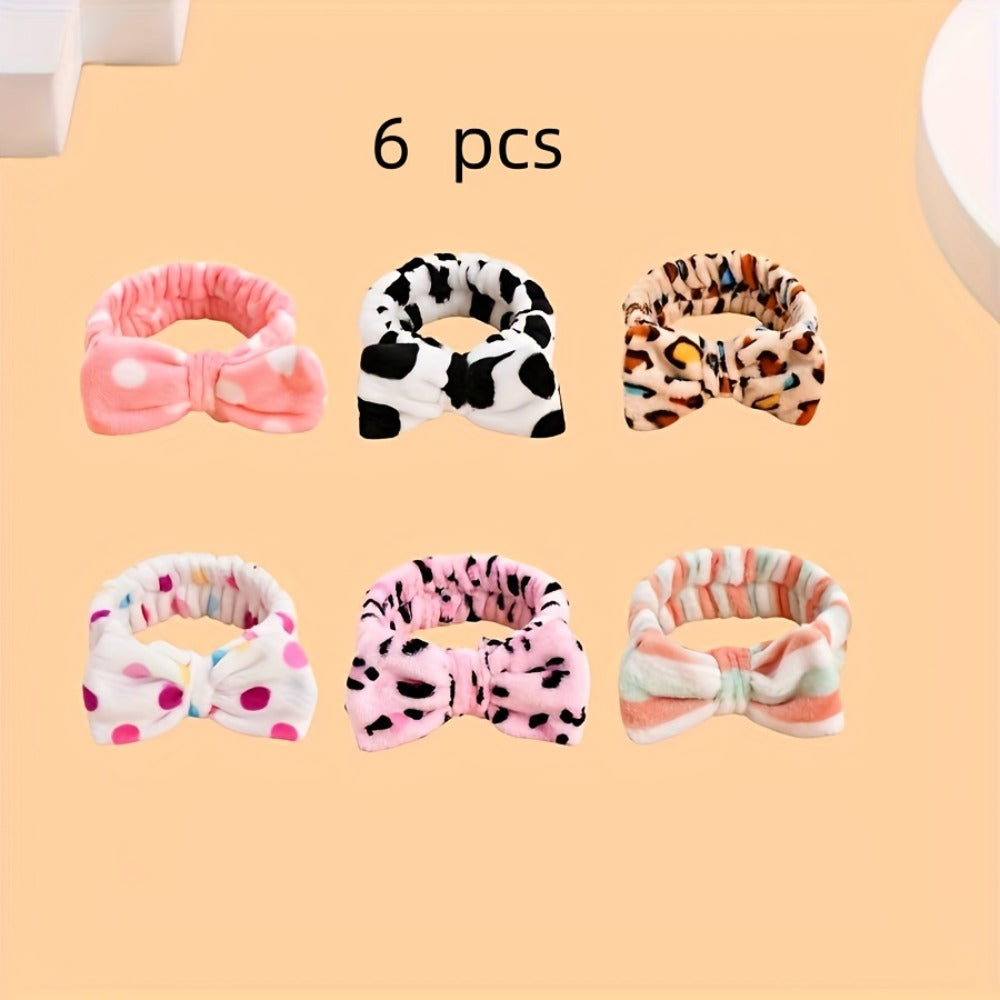 Bow Skincare Headbands for Women 6 Pack Patterned Soft Fabric Elastic Hair Bands for Makeup Spa Shower Face Washing Skincare Routine Beauty Accessory Gift Set for All Hair Types Teens Girls