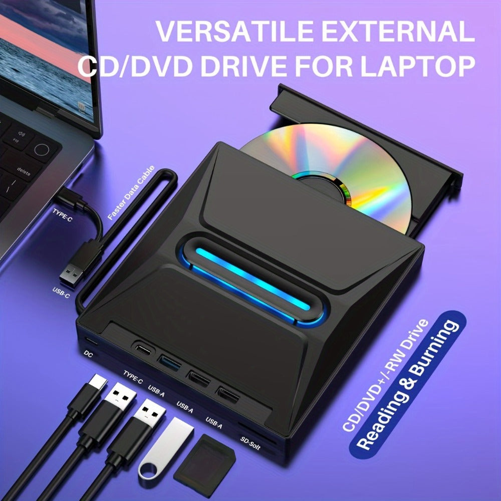 8-in-1 Luminous External CD DVD Drive USB 3.0 & Type-C - Portable CD/DVD±RW Burner Player Hub with 3 USB Ports, TF/SD Card Reader, Compatible with Laptop Desktop PC Windows Linux