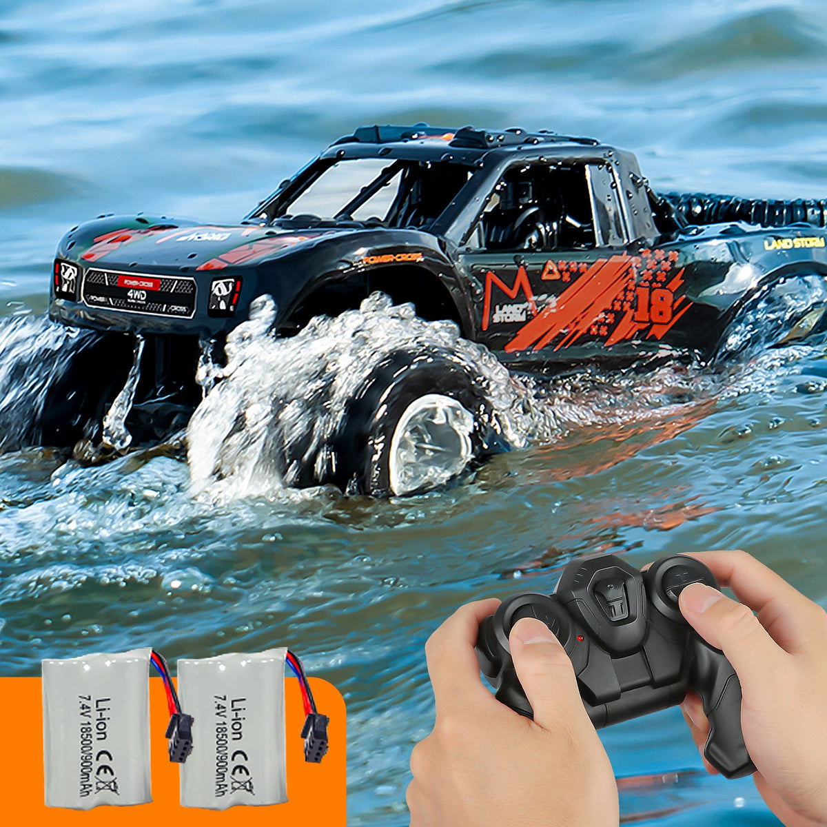 Amphibious RC Car 1:16 Scale 4WD, Waterproof Monster Truck or Pickup, 2 Batteries