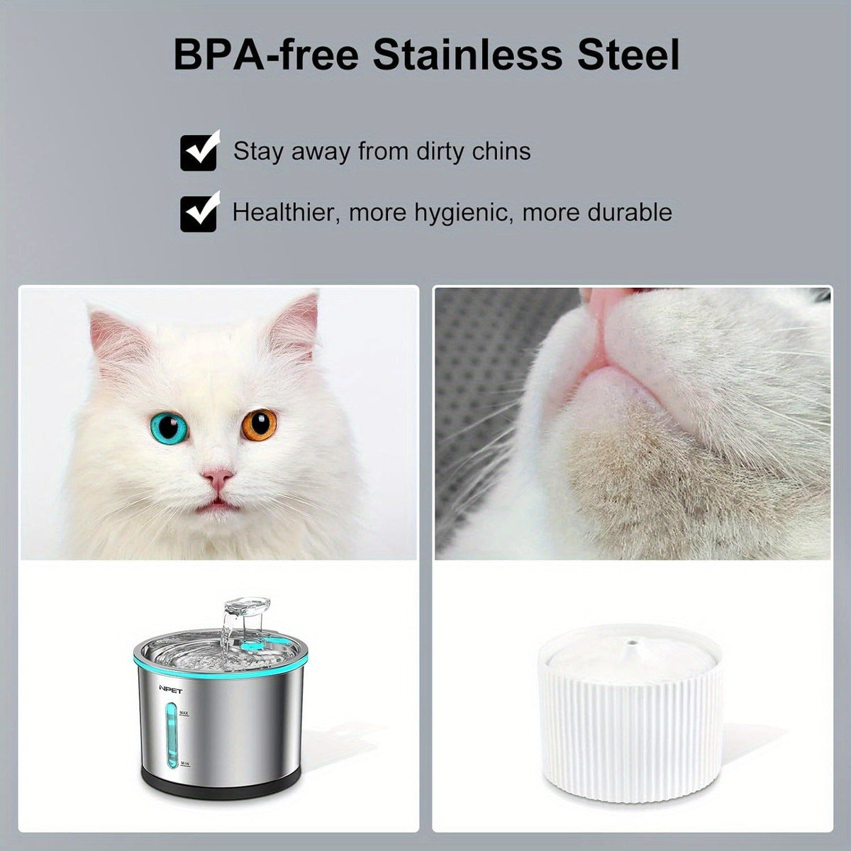 Cat Water Fountain Stainless Steel 50oz/1.5L - Ultra Quiet Auto Pet Water Dispenser with LED Light, Visible Window & Dishwasher Safe - Includes Replacement Filters for Cats & Dogs Indoor