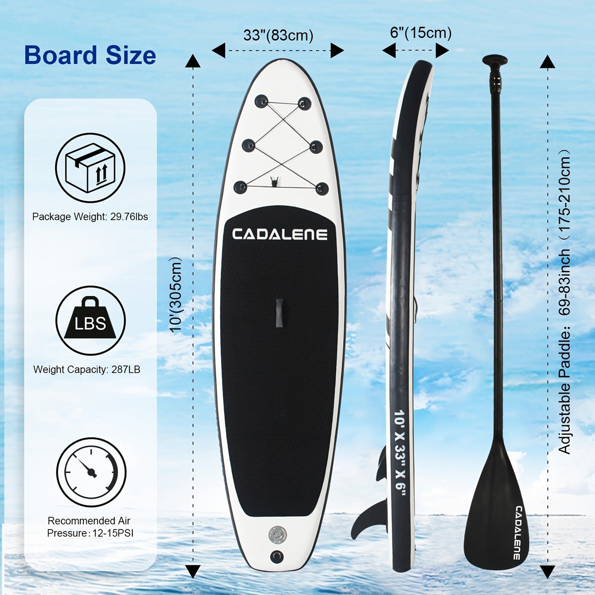 Double-Layer PVC SUP Board 10ft x 33'' Drop-Stitch Inflatable Paddle Board 12-15PSI EVA Deck 3 Fins Full Accessories Kit for Yoga Fishing Surfing Adults