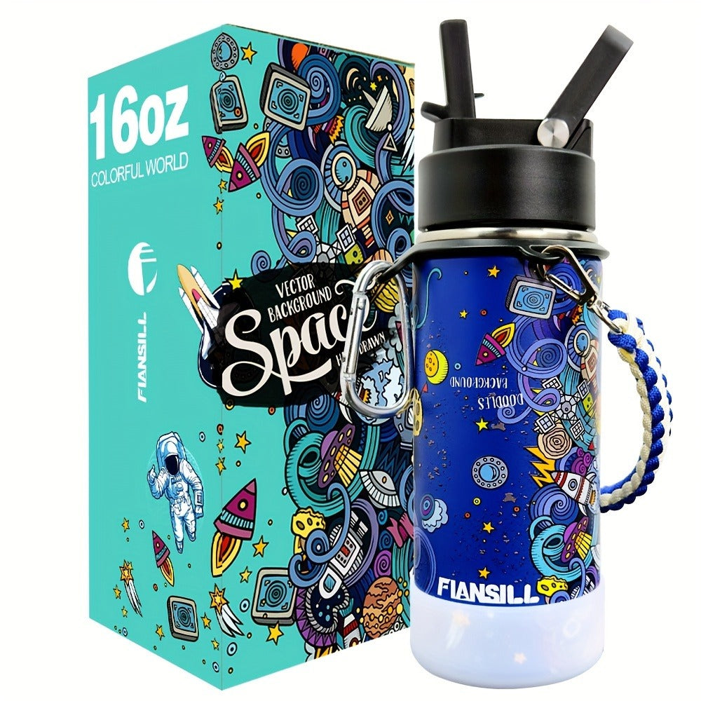 Kids Insulated Water Bottle 16oz with 3D Print Design - Stainless Steel Vacuum Flask, Leak-Proof BPA-Free, One-Hand Lid, Woven Strap & Carabiner, Perfect Student Gift for Boys & Girls, 8 Fun Styles