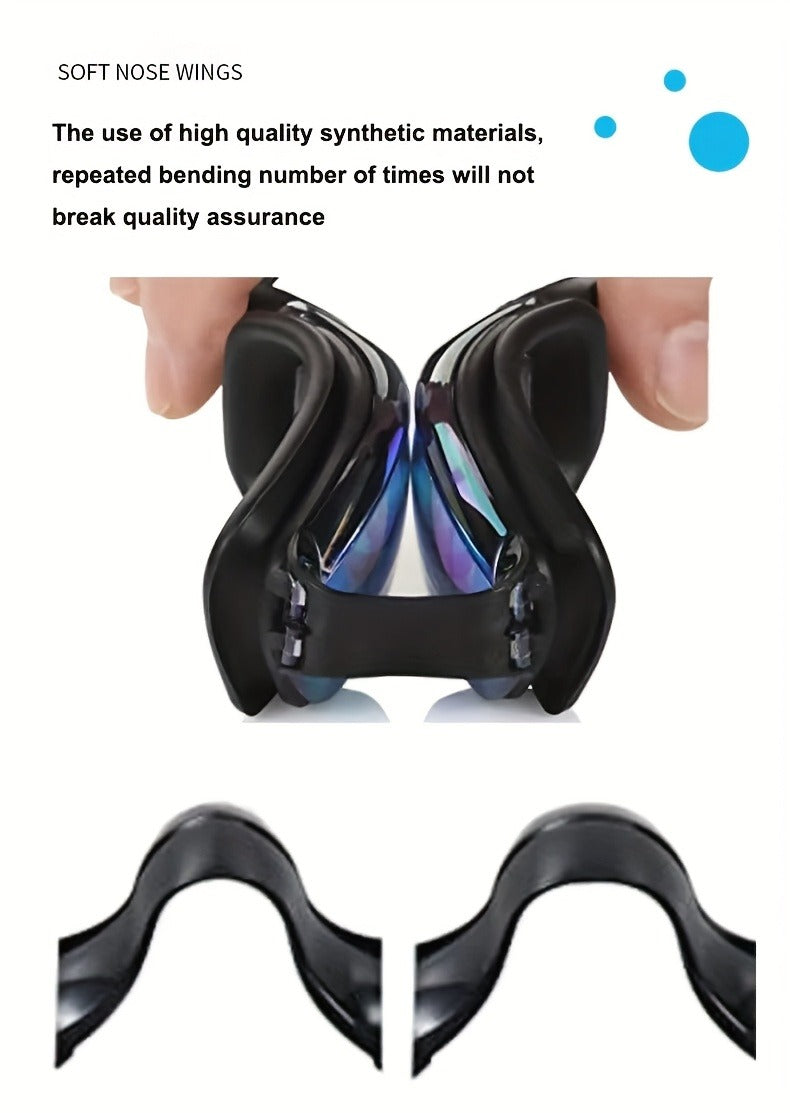 Swimming Goggles 6pcs Set with Cap Nose Clip Earplugs & Storage Bag – UV Protection Anti-Fog Adult Racing Swim Goggles Bundle, Silver-Coated Black Lens, Waterproof PU Swim Cap Included
