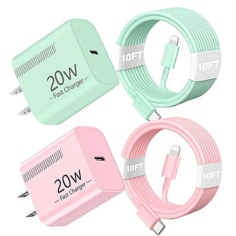 20W iPhone Fast Charger Bundle 3-Pack with 10ft L-Shaped Lightning Cable – 3 Chargers + 3 Cables Set for iPhone 14 13 12 11 Pro Max SE XR – Multi-Color USB-C Wall Charger Kit Family Value Pack