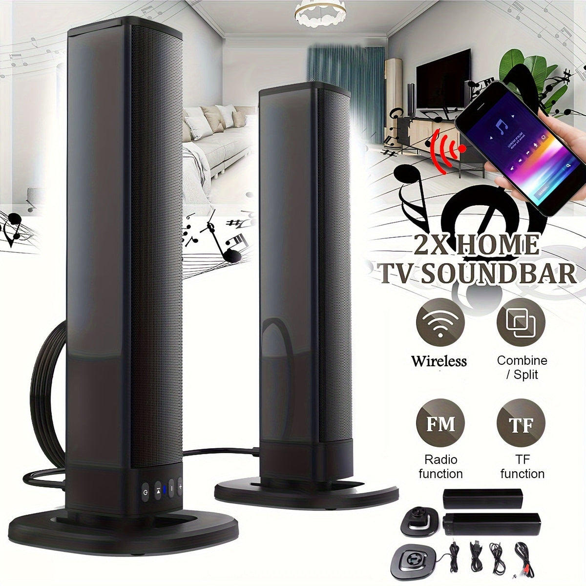 Detachable 20W TV Soundbar with Wireless Subwoofer, 3D Surround Sound Home Theater Speaker System, TF/AUX/FM/RCA/TWS, 4 Speakers, 2000mAh Battery, for TV PC Movie Game