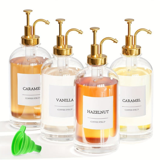 Glass Syrup Dispenser Set, 4 Pack 500 ml with Pump, Funnel & Labels