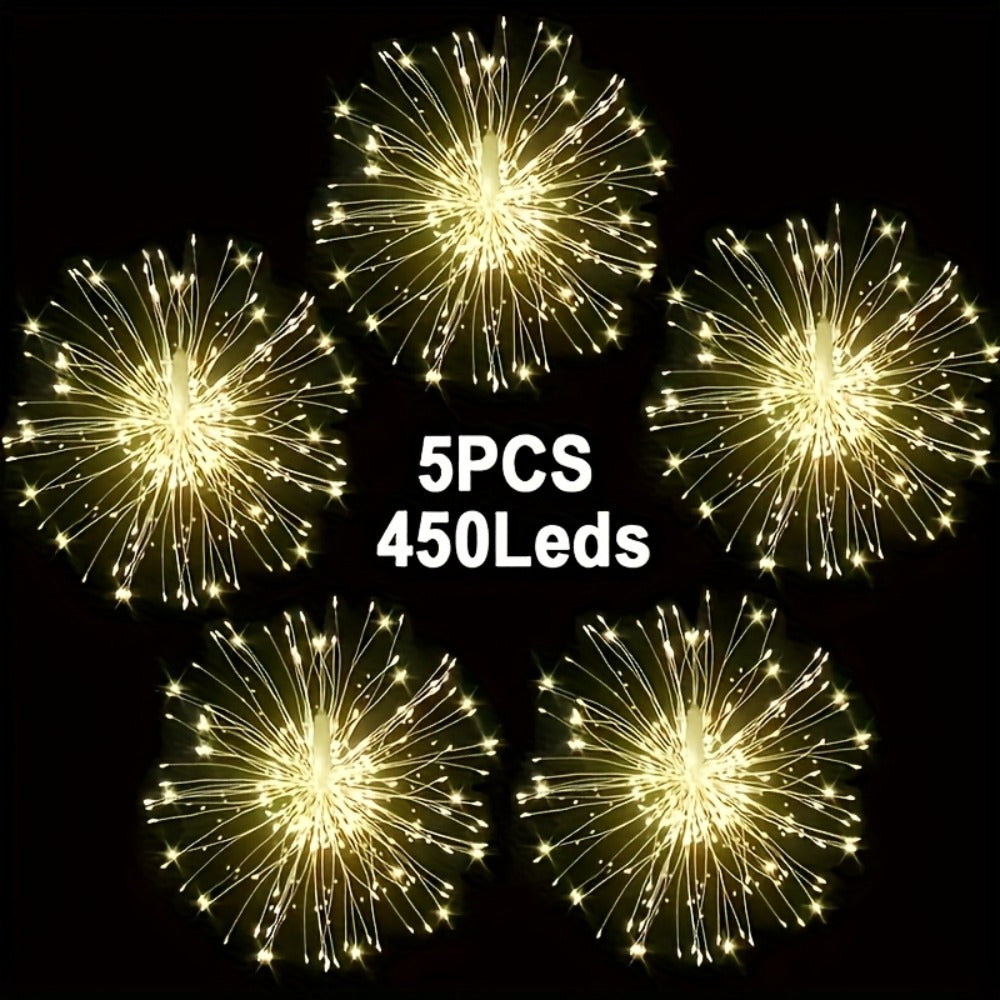 Solar Starburst Lantern Fairy Lights Outdoor 5 Pack 450 LED - Remote & Timer, 8 Modes, Adjustable Brightness, Pure Copper Wire, Waterproof for Yard, Garden, Patio, Wedding & Christmas Decor