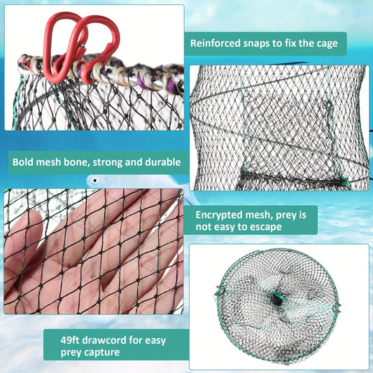 Collapsible Fishing Trap Nets, 4-Pack of 12 × 24-Inch PA Nylon Bait Cages with 49 ft Rope