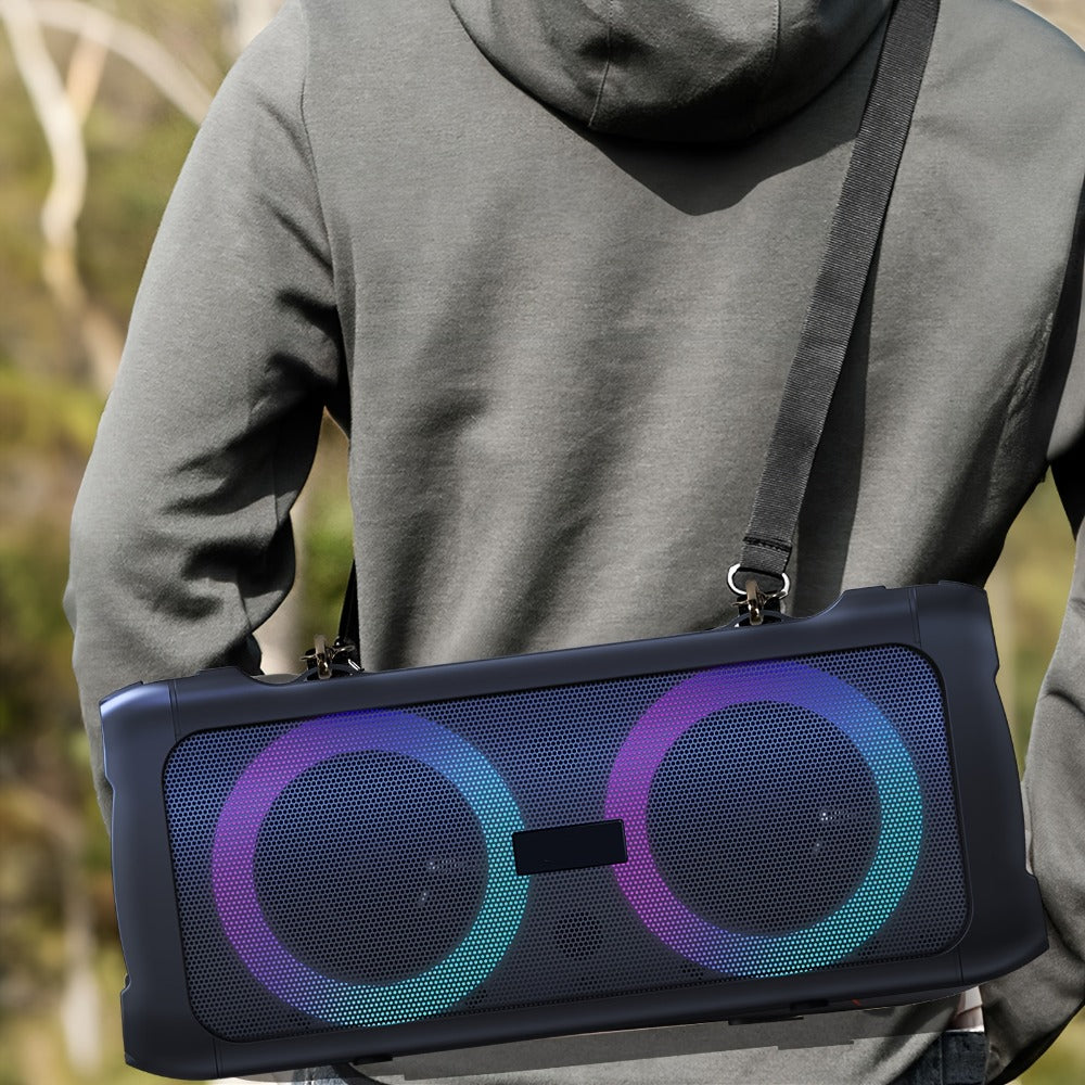 Large Outdoor Party Speaker with Dual 6.5" Subwoofer & LED Lights, Loud Portable Bluetooth Speaker with Shoulder Strap, Phone Tray, Mic Input, TWS Pairing, TF/USB/AUX, 5H Battery for Camping Beach Garage Parties