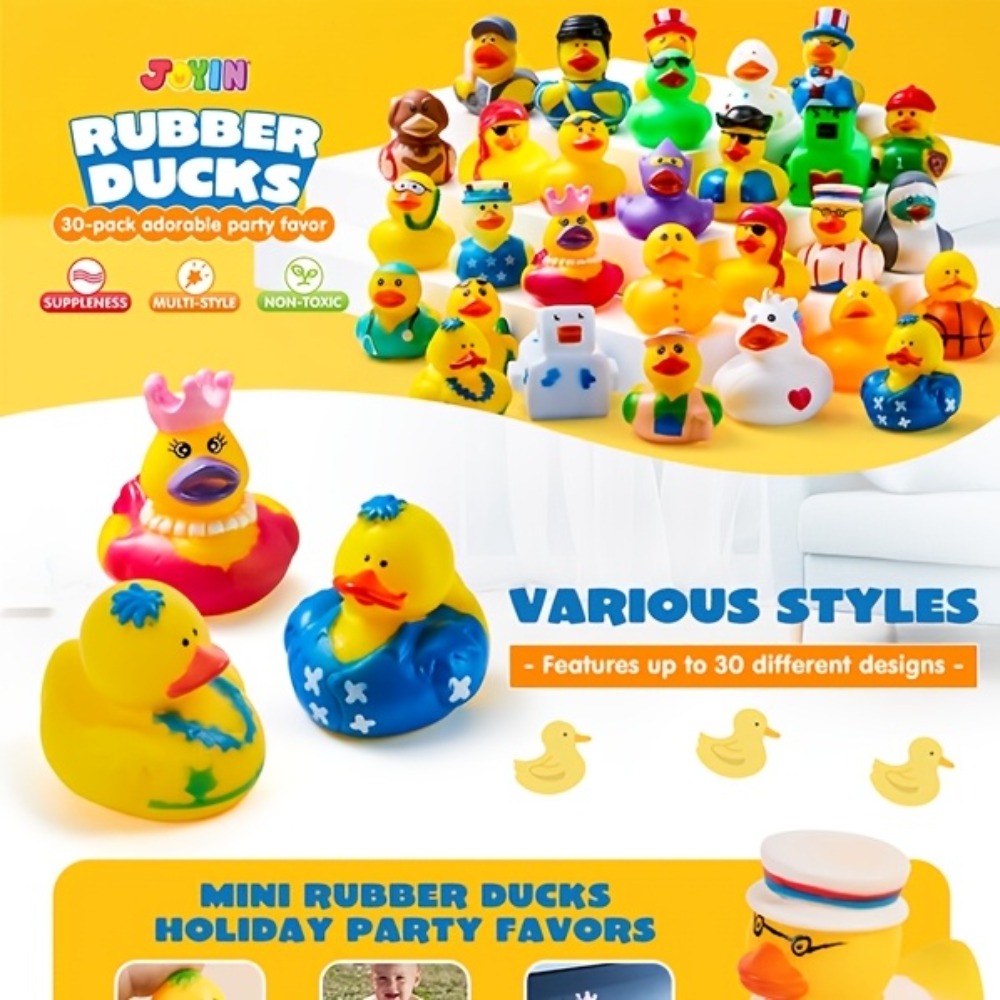 30 Pack Mini Rubber Ducks Assorted with Mesh Bag – 2" Floating Bath Toys for Kids, Variety Zoo Animal Unicorn Pirate Designs, Baby Shower Party Favors, Birthday Gifts for Boys & Girls