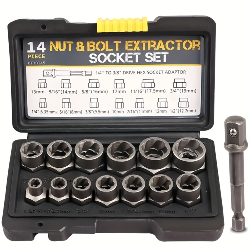 Nut Extractor Kit 14pcs, Damaged Bolt & Nut Remover Set with 13 Stripped Nut Extractors & 1 Hex Socket Adapter, 1/4" to 3/8" Drive Lug Nut Removal Tool for Construction, Auto & Home Repair