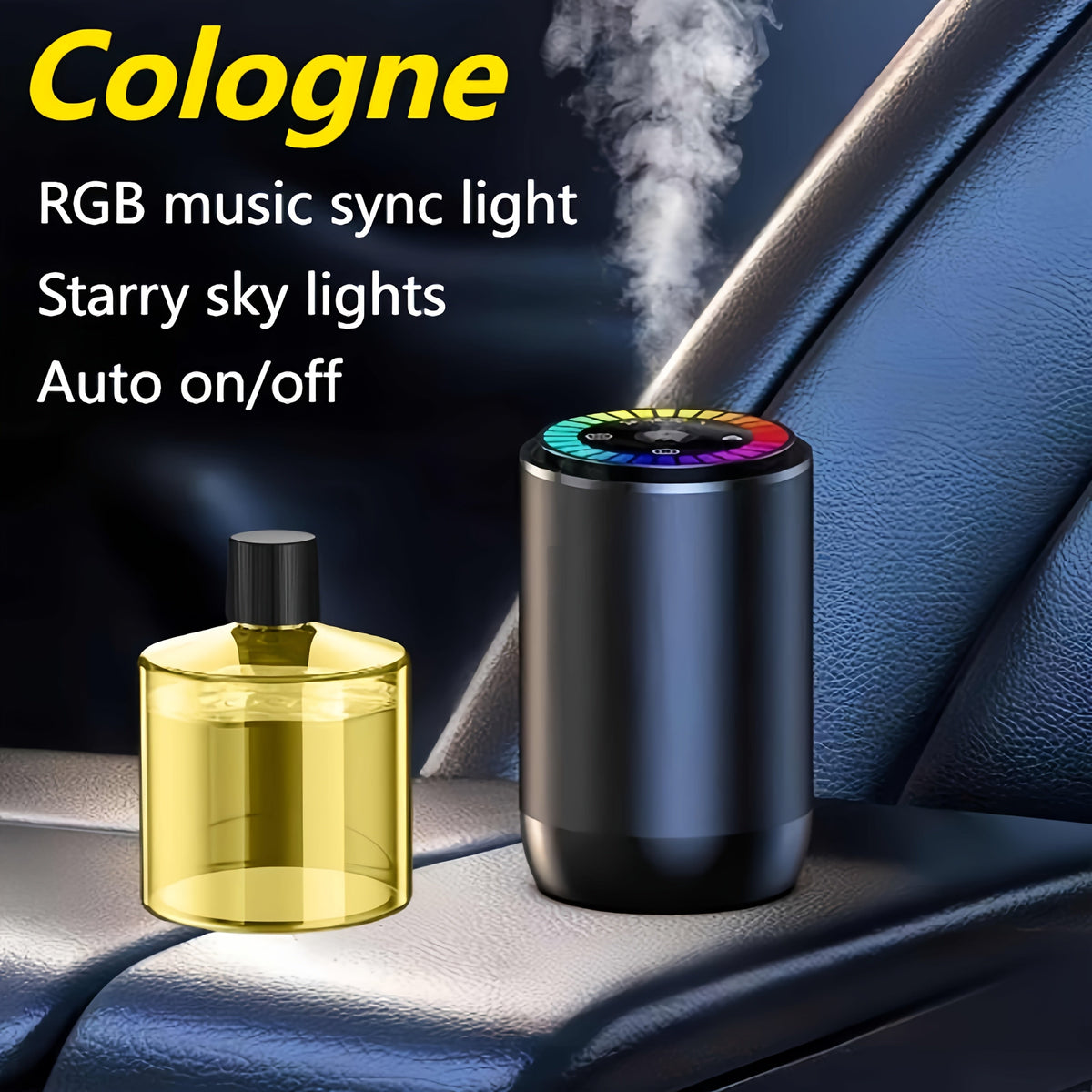 Car Air Freshener Aromatherapy Diffuser with Starry Sky Light Show, USB Rechargeable, Adjustable Fragrance – Natural Essential Oil Scents (Lavender, Ocean, Cologne, Gardenia)