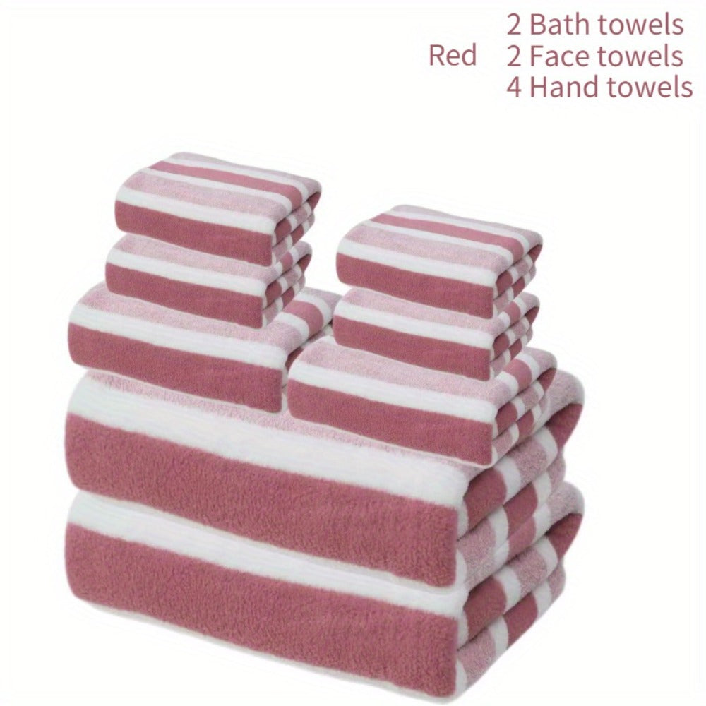 Hotel Towel Set 8 Piece No Hair Loss 280GSM - Five Star Standard Two-Color Striped Super Soft High Absorbency | 2 Bath Towels 2 Face Towels 4 Hand Towels | Grey Red Green | Home Bathroom Spa Gift