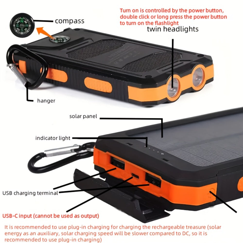 Hiking Solar Power Bank 10000mAh with Compass LED Flashlight & Carabiner Clip – Portable USB Charger for Camping Backpacking Travel Emergency Prep – Works with All Phones, Data Cable & Backpack Hook Included