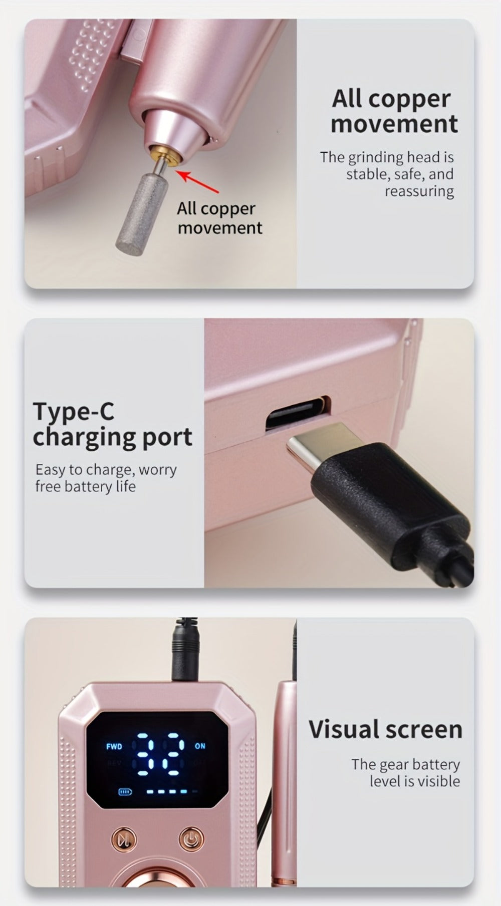 Cordless Electric Nail Drill Machine Rechargeable Professional E-File 11 Bits 20 Sanding Discs High Speed Acrylic Gel Natural Nails Polishing Portable Home Salon Black Pink White Grey Rose Gold