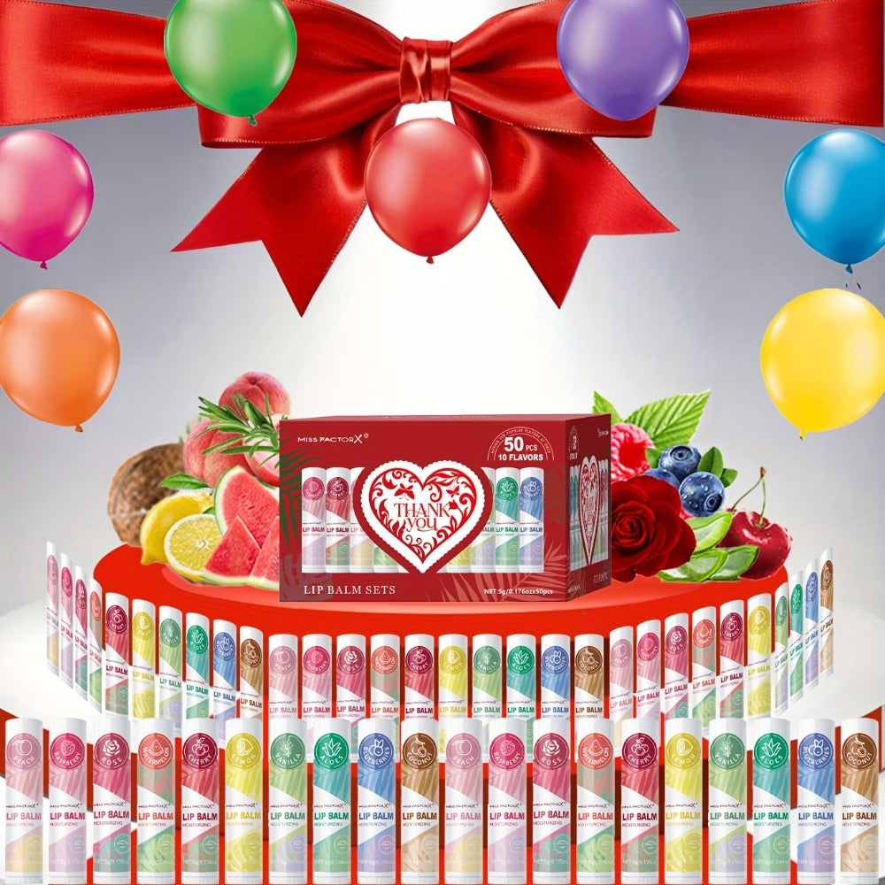 Fruit Flavored Lip Gloss Set 50 Pieces – Moisturizing Lip Balm Kit in 10 Colors, Hydrating Lip Care for Dry & Cracked Lips, Day & Night Use, Holiday Gift Set for Women & Girls