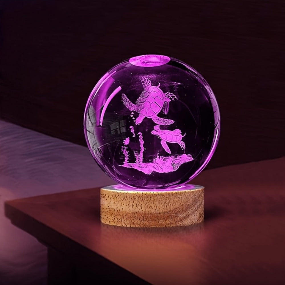 3D Sea Turtle Crystal Ball Night Light – LED Color Glow Glass Orb Lamp with Bamboo Base, Ocean Animal Figurine Desk Light for Home Bedroom Decor, Unique Gift for Turtle Lovers, Elders & Friends (2.36in)