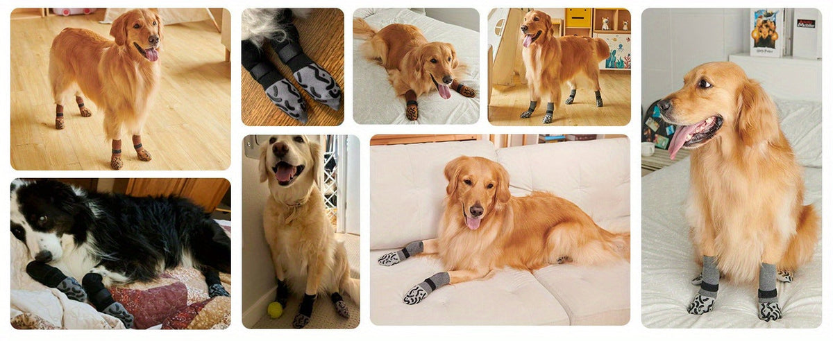 Non-Slip Dog Socks Double-Sided Grip Paw Protector with Adjustable Straps – Anti-Lick Dog Booties for Hardwood Floors, Senior Dogs & Injury Recovery, Sizes XS to L, Set of 4