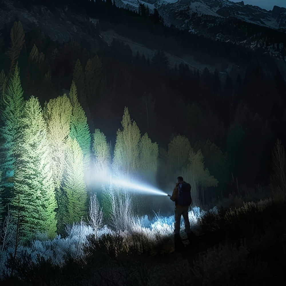 Zoomable LED Flashlight 4500LM, Aluminum Alloy Torch Fresnel Lens Adjustable Beam, 21700 3000mAh Rechargeable Battery, Fire Starting, Long Runtime for Camping Fishing Survival Night Cycling Power Outage