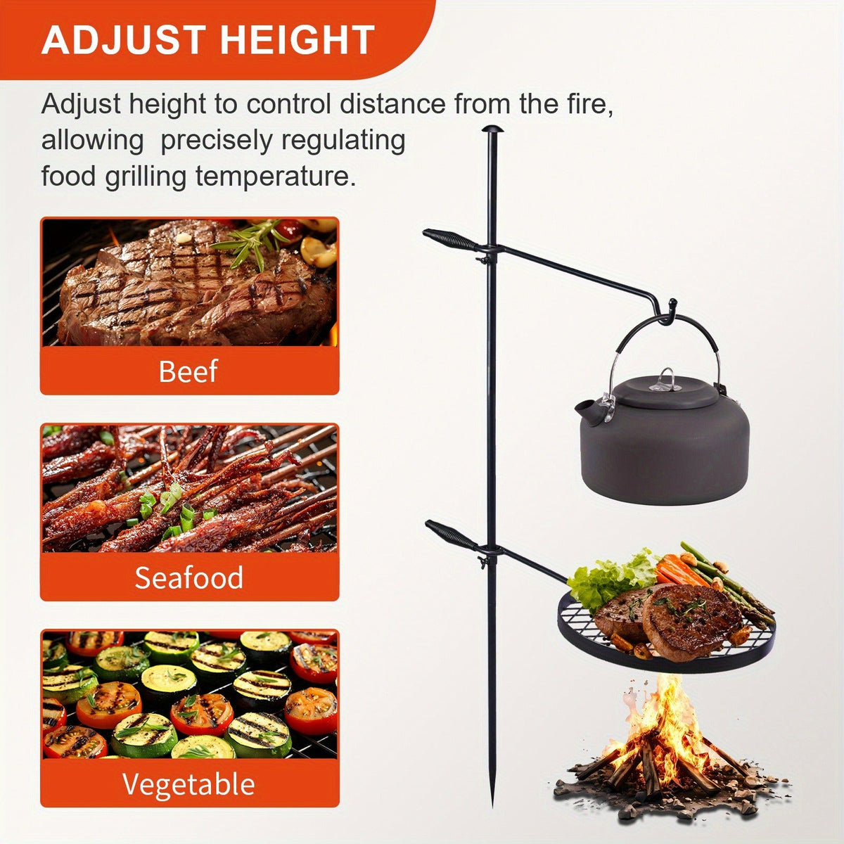 Campfire Grill Grate with Hanging Pole – Height Adjustable, 360° Rotation, 48" Thick Steel Pole, Swivel Grate Ring for Kettle, Dutch Oven & Pan – Portable Open Fire Cooking Grill for Camping & Outdoor