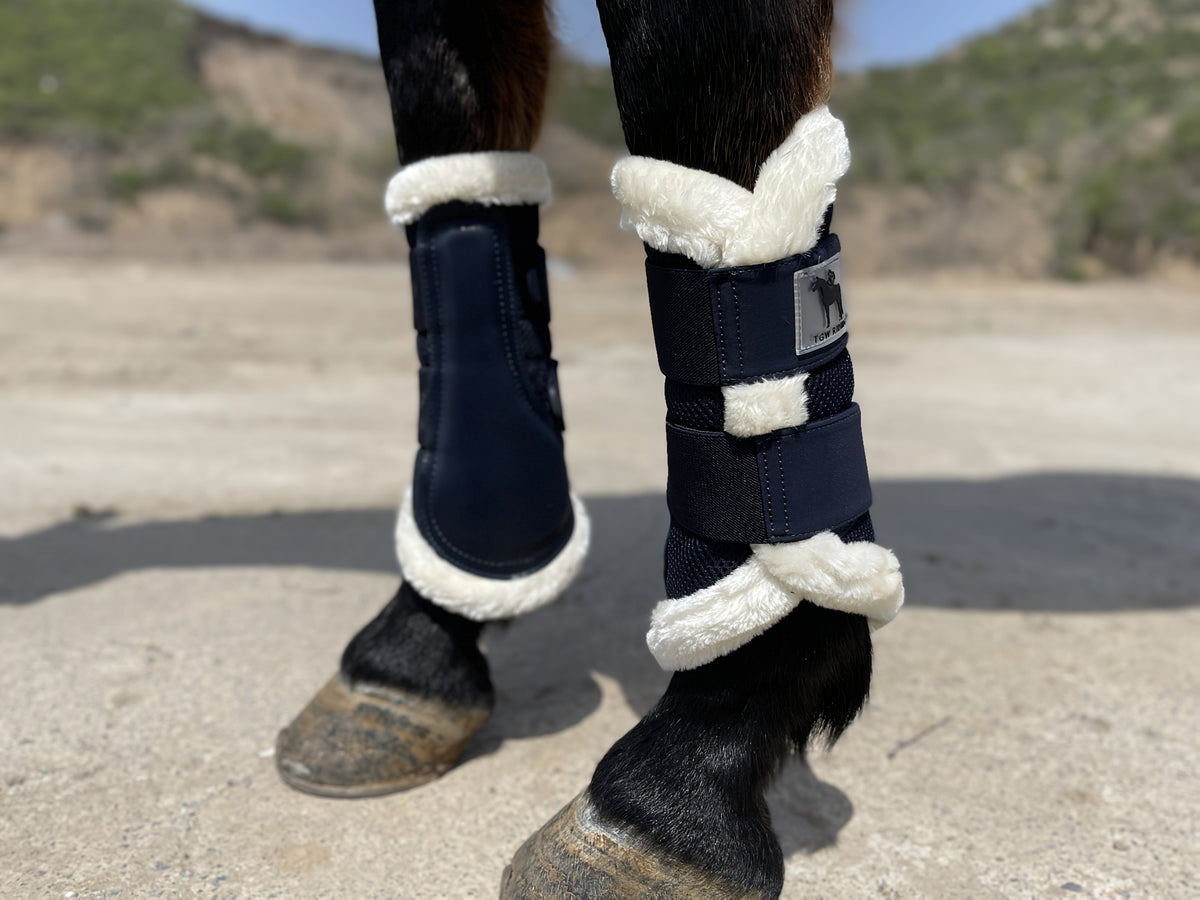 Horse Leg Wraps 1 Pair Breathable Mesh Faux Leather Protection Boots for Training Jumping, Quick-Fit Impact Absorbing Horse Leg Guards, Sizes S M L XL, Navy Blue Equine Leg Protection