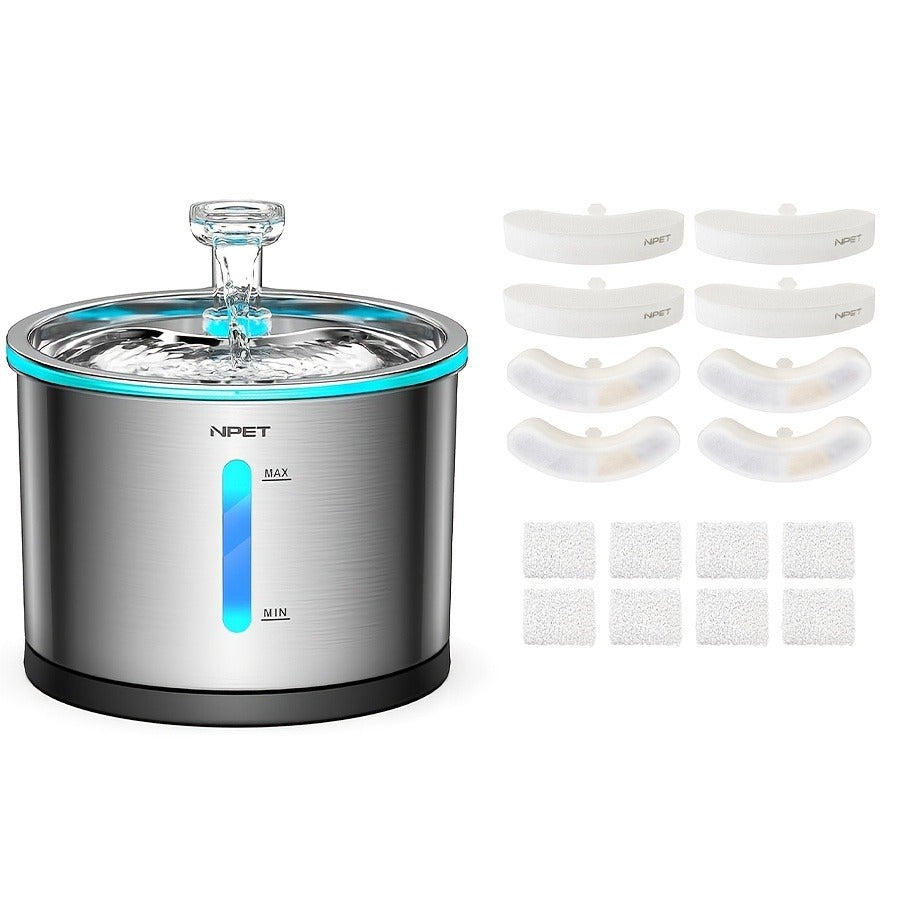 Cat Water Fountain Stainless Steel 50oz/1.5L - Ultra Quiet Auto Pet Water Dispenser with LED Light, Visible Window & Dishwasher Safe - Includes Replacement Filters for Cats & Dogs Indoor
