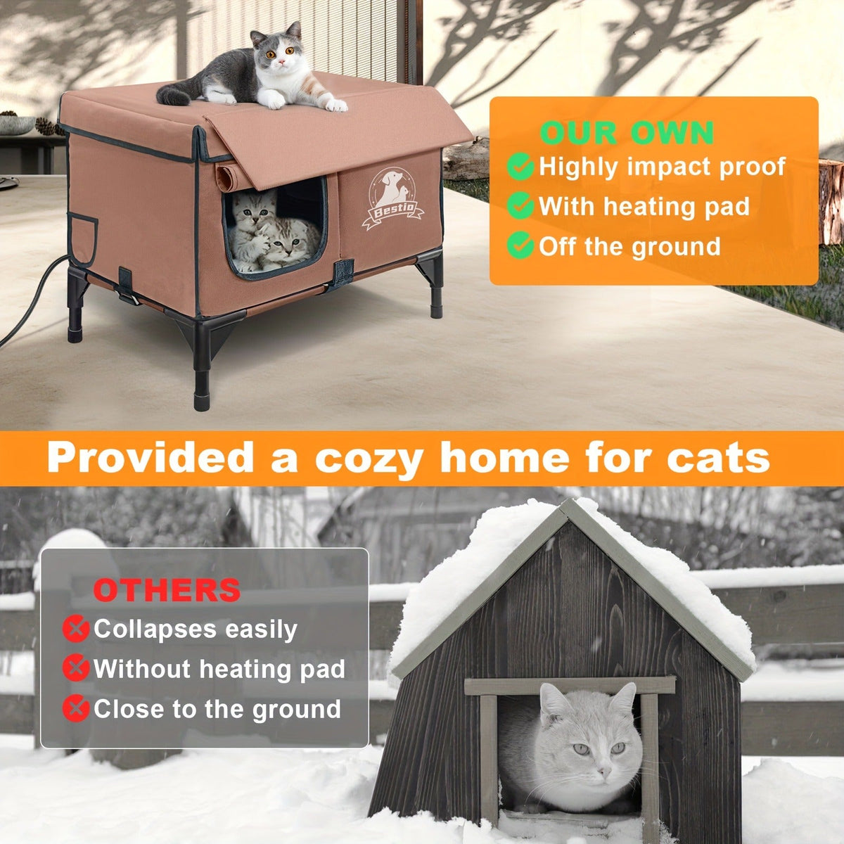 Heated Cat House 3-in-1 with Removable Warming Pad, Elevated Cat Bed for Indoor & Outdoor Cats, Chew-Resistant Cord, Double Door Cat Cave, All-Season Cat Shelter & Condo