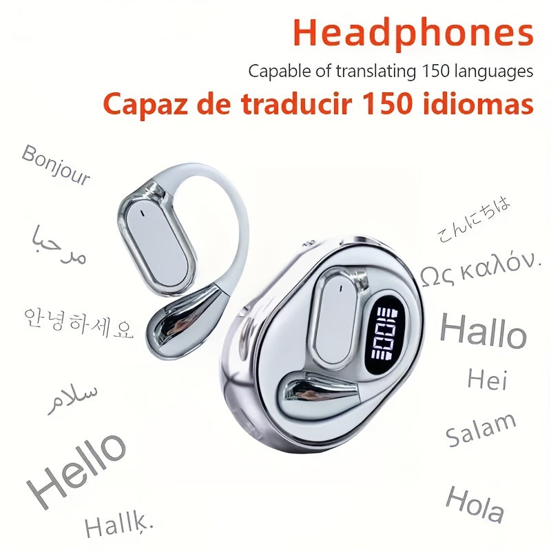 Open-Ear AI Translation Earbuds 156 Languages Real-Time Two-Way Translator Bluetooth 5.4 No-Latency Music Touch Control LED Display Type-C Charging with Lanyard
