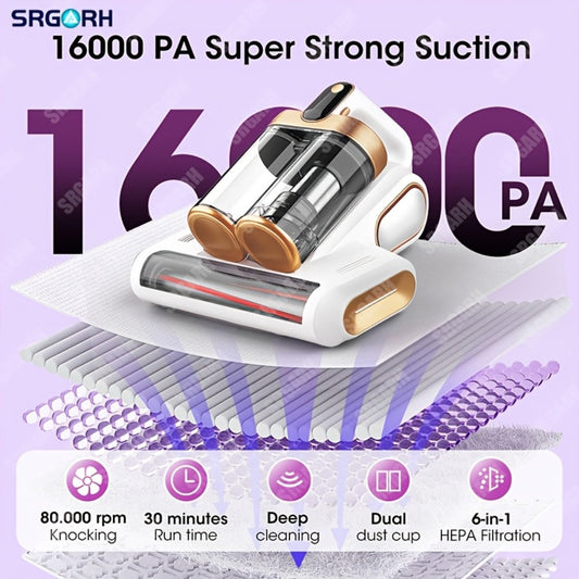 Cordless Mattress Vacuum Cleaner with 16 kPa Suction, UV Light and Dual Cups