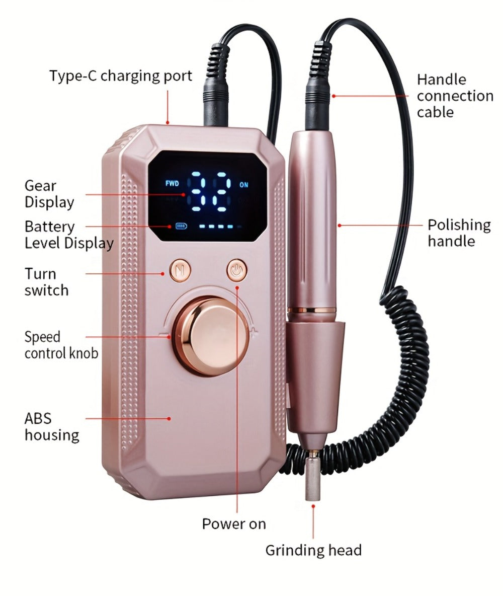 Electric Nail Drill Rechargeable 11 Grinding Heads & 20 Sanding Rings High-Speed Nail Grinder Machine for Acrylic Gel Natural Nails - Home Salon Manicure Pedicure Tool, Grey Rose Gold White