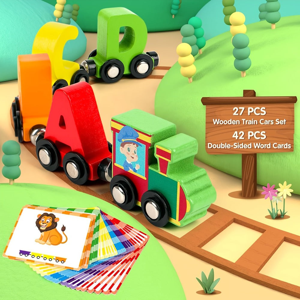 Wooden Alphabet Train Set, 27-Piece Magnetic ABC Letter Toy with 42 Flash Cards & Storage Bag