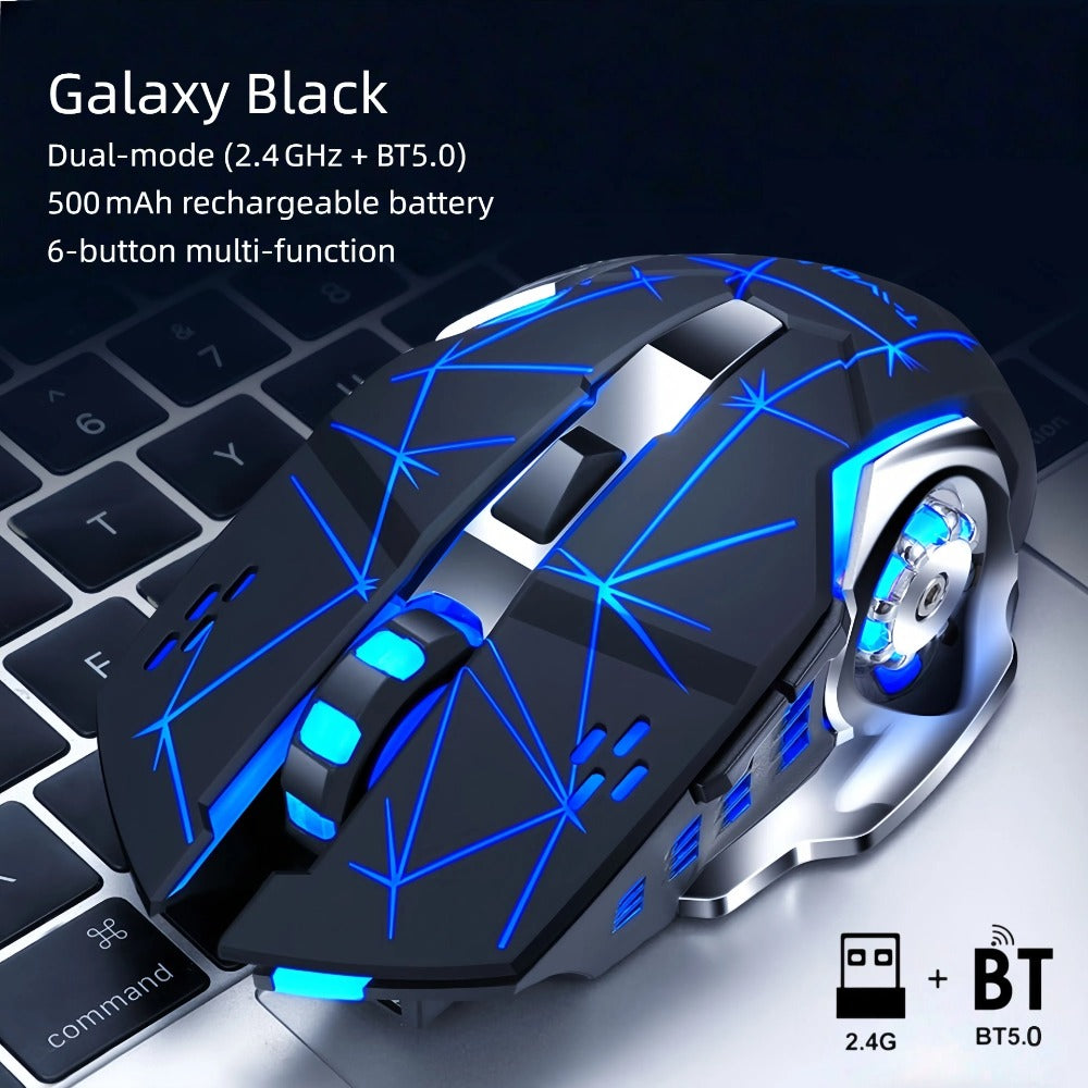 Bluetooth 5.0 2.4G Dual Mode Wireless RGB Gaming Mouse Silent 6 Button Ergonomic USB-C Rechargeable Breathing Light for PC Laptop Mac Tablet Office Gaming Tech Black Star Black White Gray