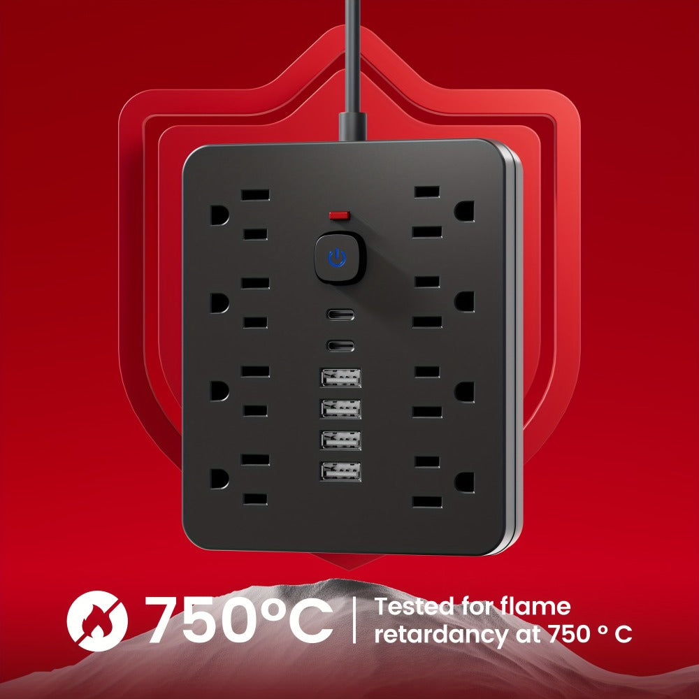 Flat Plug Wall Mount Power Strip 14-in-1 Surge Protector - 8 AC Outlets, 4 USB-A & 2 USB-C Ports, 5ft/10ft Extension Cord, Overload Protection, Desktop Charging for Home Office