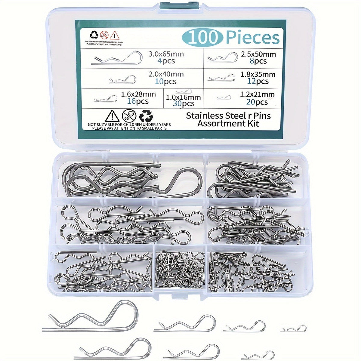 100pcs Stainless Steel R Cotter Pin Assortment Kit – R-Clip Spring Retaining Pins 7 Sizes for Trailer Hitch Automotive Marine Lawn Mower & Agricultural Machinery