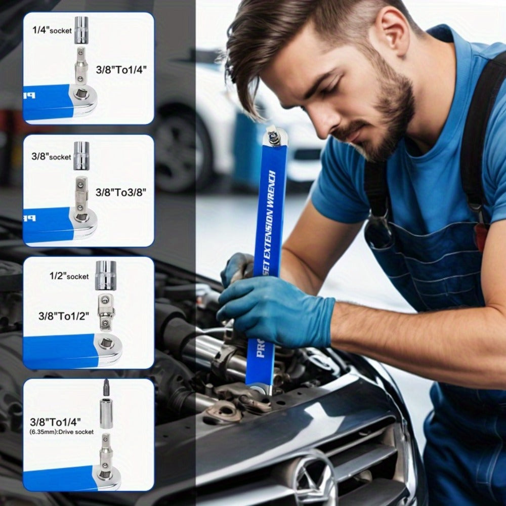 Ratchet Wrench 2-in-1 Offset Extension with 1/4" 3/8" 1/2" Square Head Adapters, 180-Degree Rotation High Torque Non-Slip Handle, Universal Flex Head Ratchet for Narrow Spaces & Auto Repair