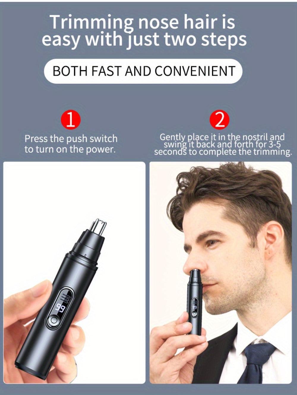 Nose Hair Trimmer Electric Painless 3-in-1 USB Rechargeable with LED Display – Trims Nose Ear Hair Eyebrows Waterproof Grooming Device for Men Women