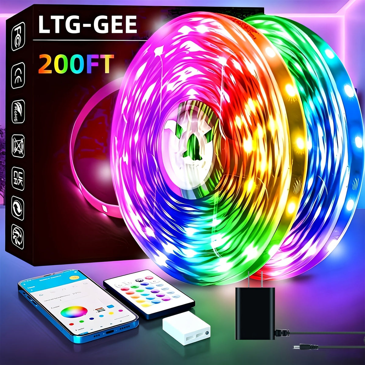 RGB LED Strip Lights 100FT 200FT Music Sync Color Changing with App Control & Remote - Smart Color Changing Light Strip for Bedroom Gaming Room Party Decor - Dimmable DIY Scene Lighting