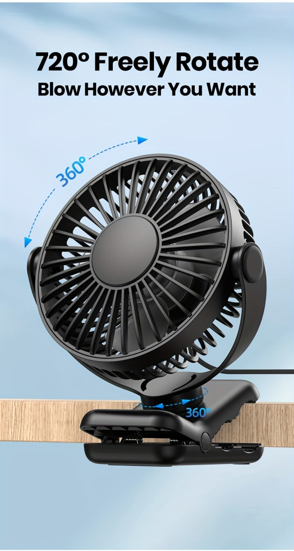 Clip on Fan USB Desk Fan, Brushless Motor Whisper Quiet Portable Mini Fan with Strong Clamp, USB Powered Personal Cooling Fan for Office Bedroom Dorm Stroller, 360° Adjustable, Black Pink
