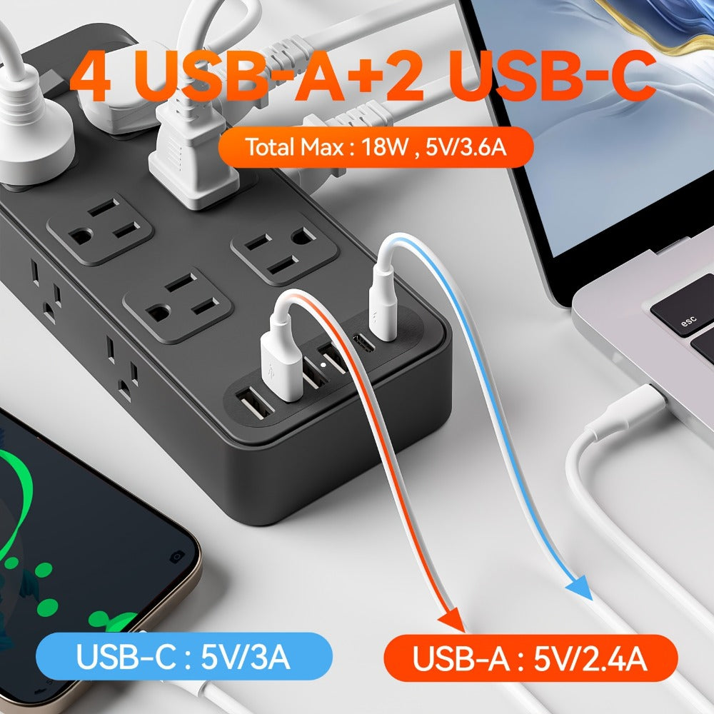 Flat Plug Power Strip 18-in-1 Fire-Resistant Surge Protector with 12 AC Outlets & 6 USB Ports (4 USB-A & 2 USB-C), 5ft Extension Cord, Charging Station for Home, Office & Travel