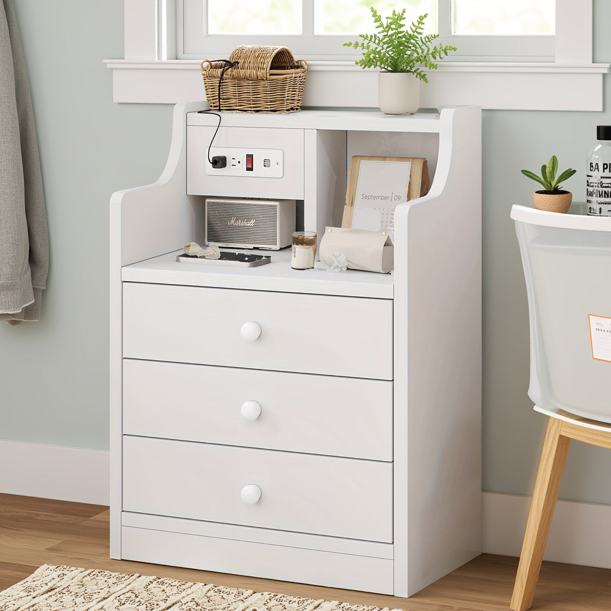 Nightstand with Power Outlets and USB Ports – 3-Drawer Hutch Charging Station | 2 Outlets 2 USB | Bedroom End Table Side Table | 14"D x 17.7"W x 26.8"H | Gray or White | Housewarming Gift