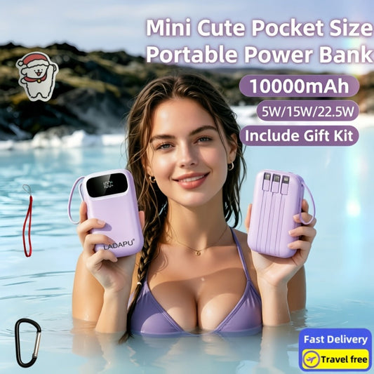 Portable Charger 10000mAh with Built-In 3 Cables Lightning USB-C Micro-USB 22.5W Super Fast Charging Cute Cartoon Mini Power Bank for iPhone Android Travel Backup Battery – Purple Black Red White
