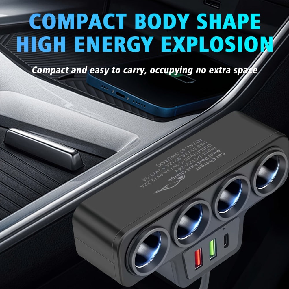 120W 7-in-1 Car Charger with Atmosphere Light – Super Fast Charging Dual PD QC 7 Ports USB Car Plug Adapter for iPhone 16 15 14 13 12 11 Samsung Galaxy S25 S24 Android – Multi-Device Car Charging Hub