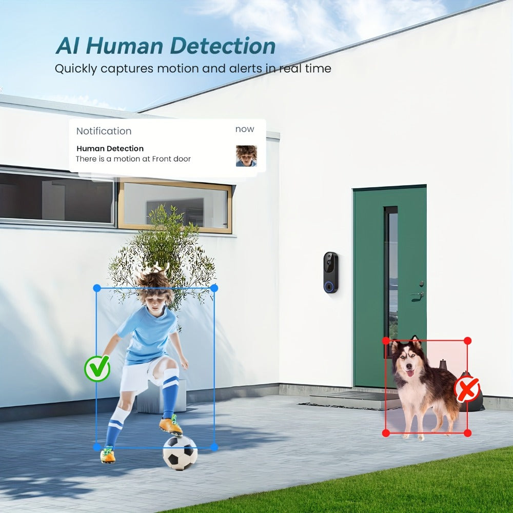 960P Smart Video Doorbell 2.4G 5G Dual-Band WiFi – Color Night Vision, AI Vehicle & Person Detection, Two-Way Voice, 3:4 Full View Screen, Wireless No Wiring, Real-Time App Viewing, Black